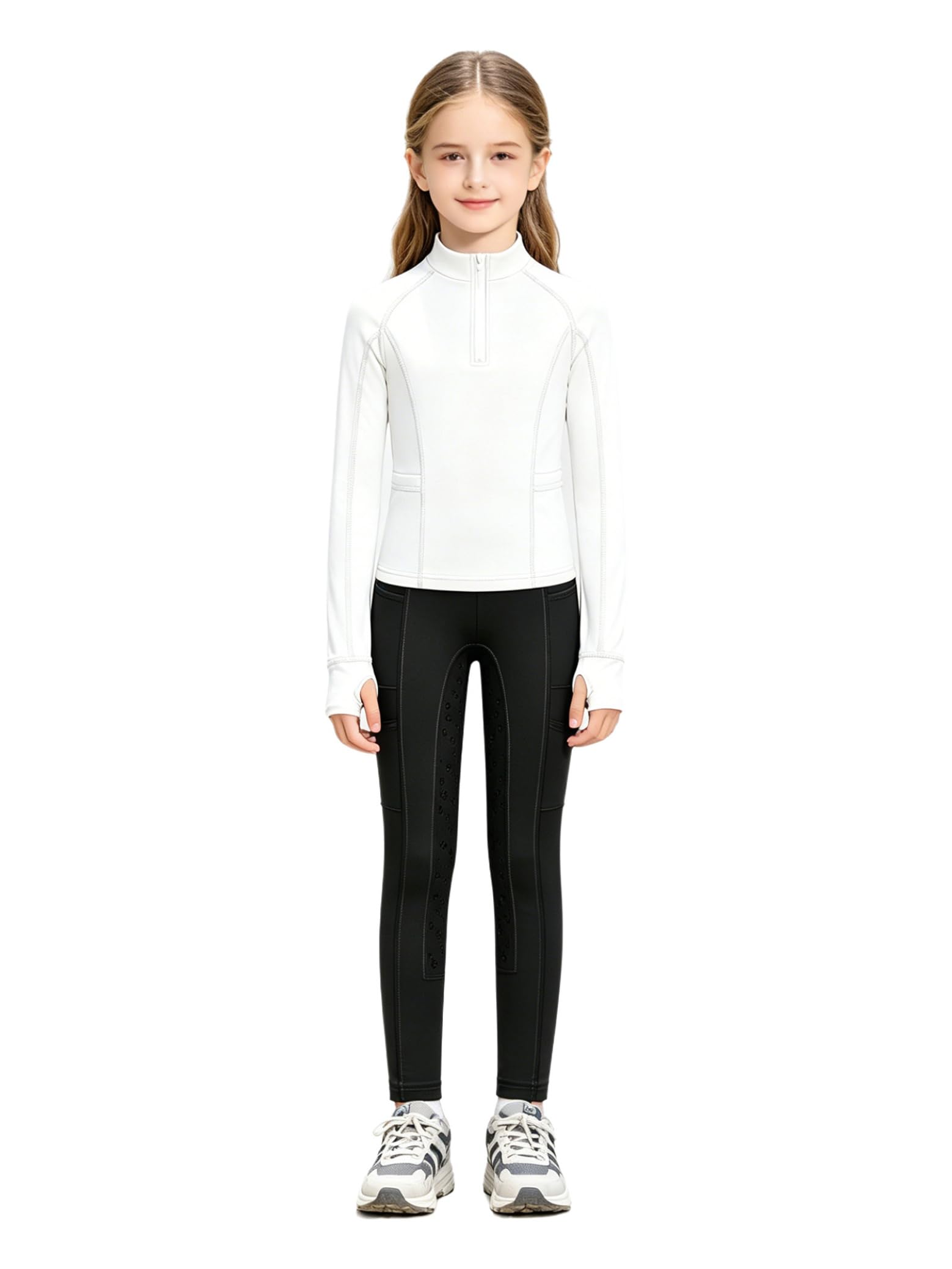 Set Equitazione Bambine sopra Lequitazione Maniche Lunghe Crop Top Completamente Ricamato Pantaloni Lequitazione Leggings con Patch in Silicone al Ginocchio