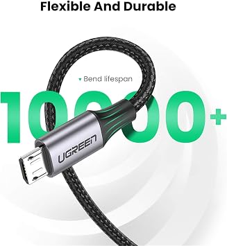 Ugreen Örgülü Micro-USB & USB-A Data ve Şarj Kablosu, 50 CM, Siyah