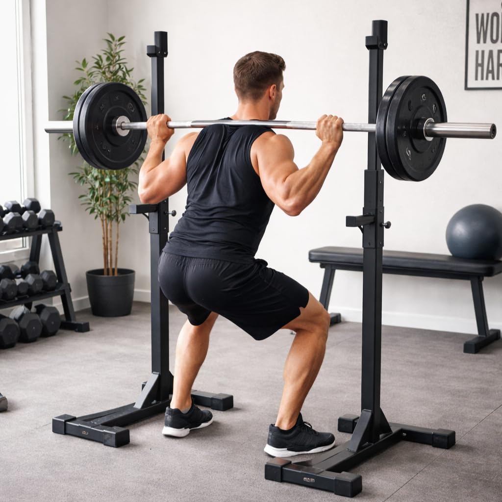 Squat Rack höhenverstellbar 115–155 cm – Langhantelständer mit Hantelablage, Kniebeugenständer für Krafttraining, verstellbarer Hantelständer, geeignet für Bankdrücken, Squats & Langhanteltraining
