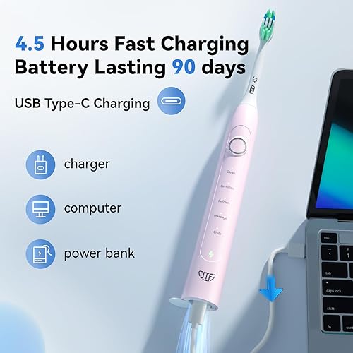 Miniatura 6 de JTF Cepillo de dientes eléctrico para adultos, cepillo de dientes sónico recargable con 6 cabezales de cepillo, cepillo de dientes eléctrico sónico