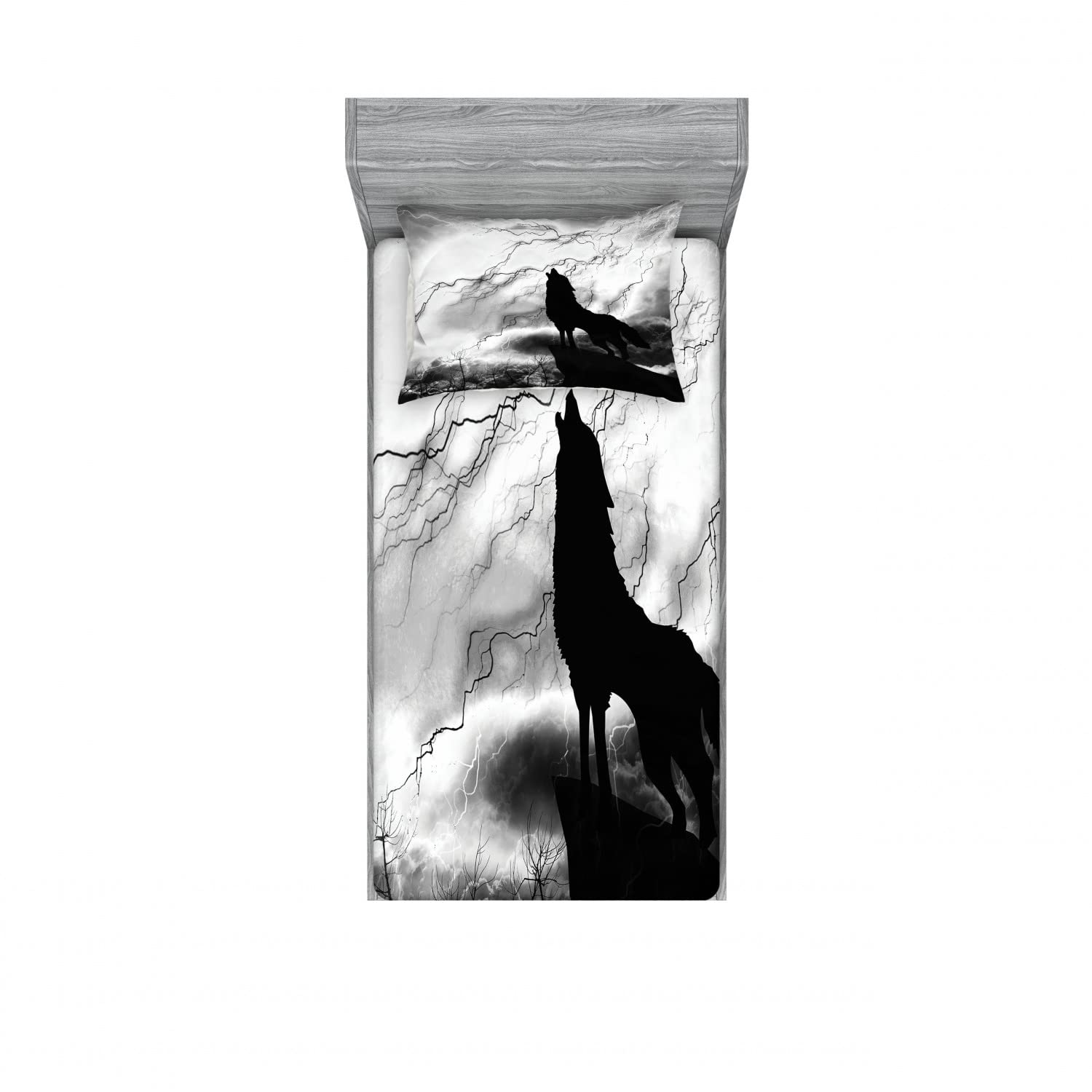 Ambesonne Wolf 2 Pack Fitted Sheet & Pillow Sham Set, Howling Under Full Moon, 4 Pcs Bedding Decor, Package Contains 2 Twin Size Fitted Sheets & 2 Pillow Covers, Black Grey and White