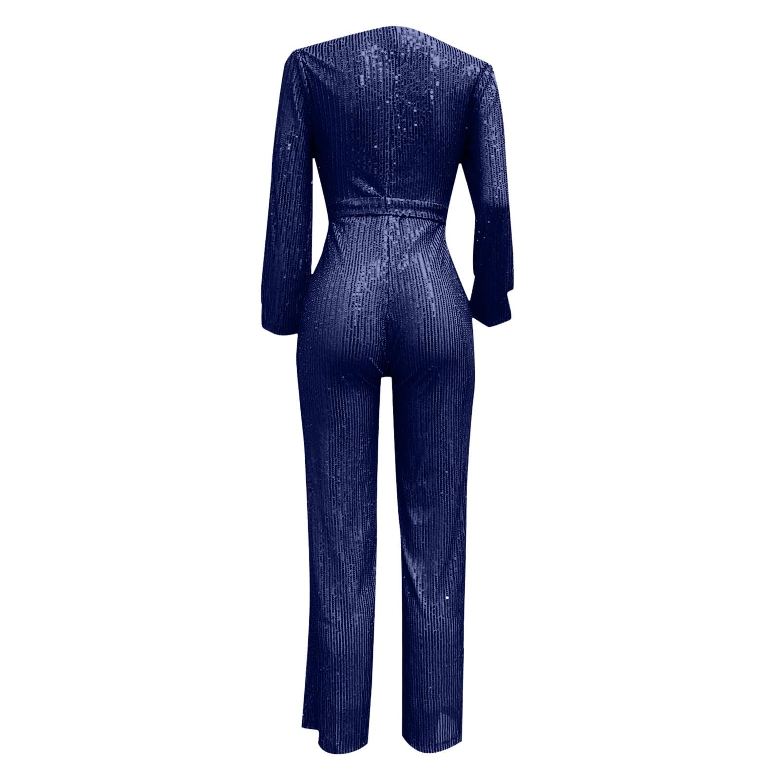 Body da donna con paillette, elegante, con cintura, tuta, tuta, con glitter, pantaloni larghi a maniche lunghe, scollo a V, body lungo