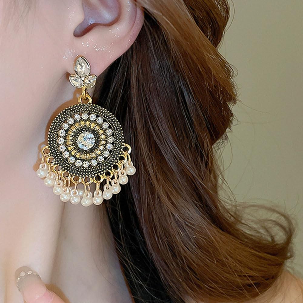 Missgrace Boho Indian Dainty Dangle Circle Beads Faux Pearls Rhinestone Earrings for Women Vintage Retro Chandelier Earrings Beaded Jhumka Jhumki Tassel Studs Traditional Gold-Plated Earrings for Women - Image 3