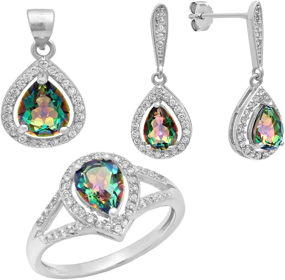 Dazzlingrock Collection Rainbow Quartz & White Cubic Zirconia Women Engagement Ring, Earring & Pendant Set, Sterling Silver