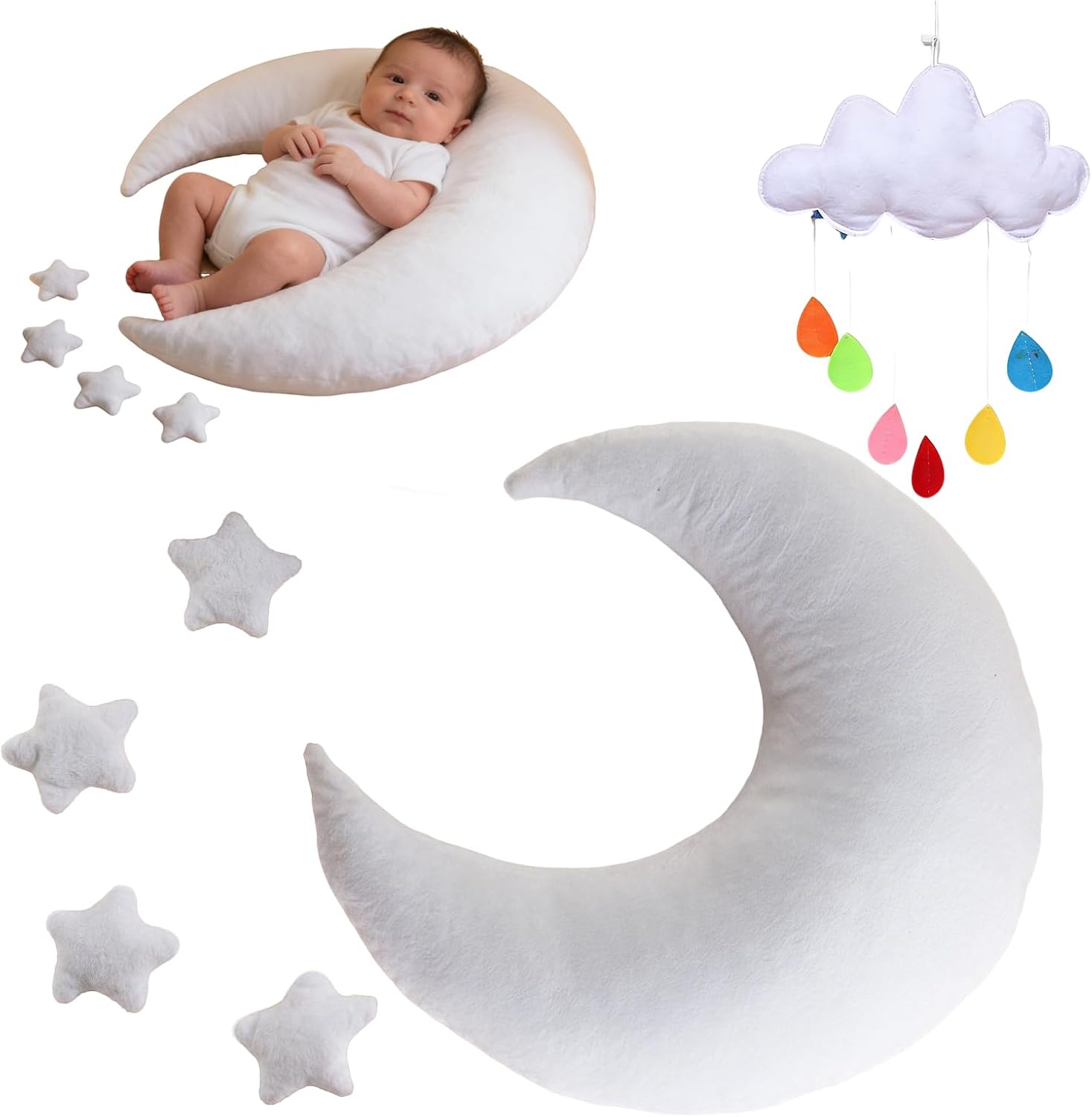 Newborn Photography Props, 6 PCS Newborn Photography Posing Pillows for 0-6 Months, Professional Photograph Shoot for Moon Star Cloud Theme (White)