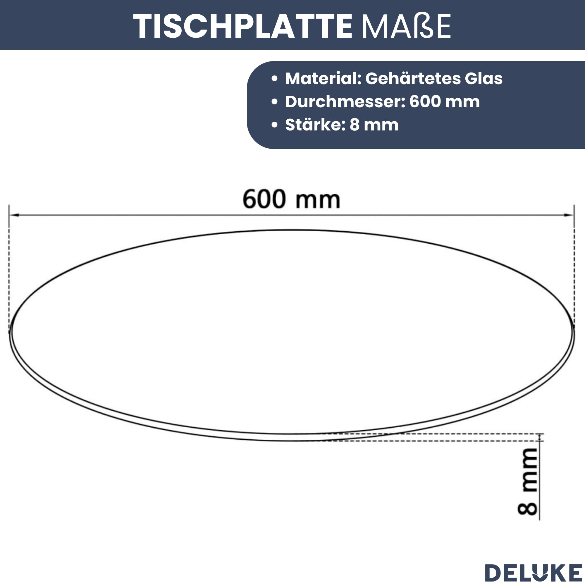 DELUKE® Tischplatte rund Ø 60 cm - Glas Gehärtet, 8 mm dick | Transparente Glasplatte rund, Ideal für DIY-Projekte, Glastische und als Kamin Glasplatte