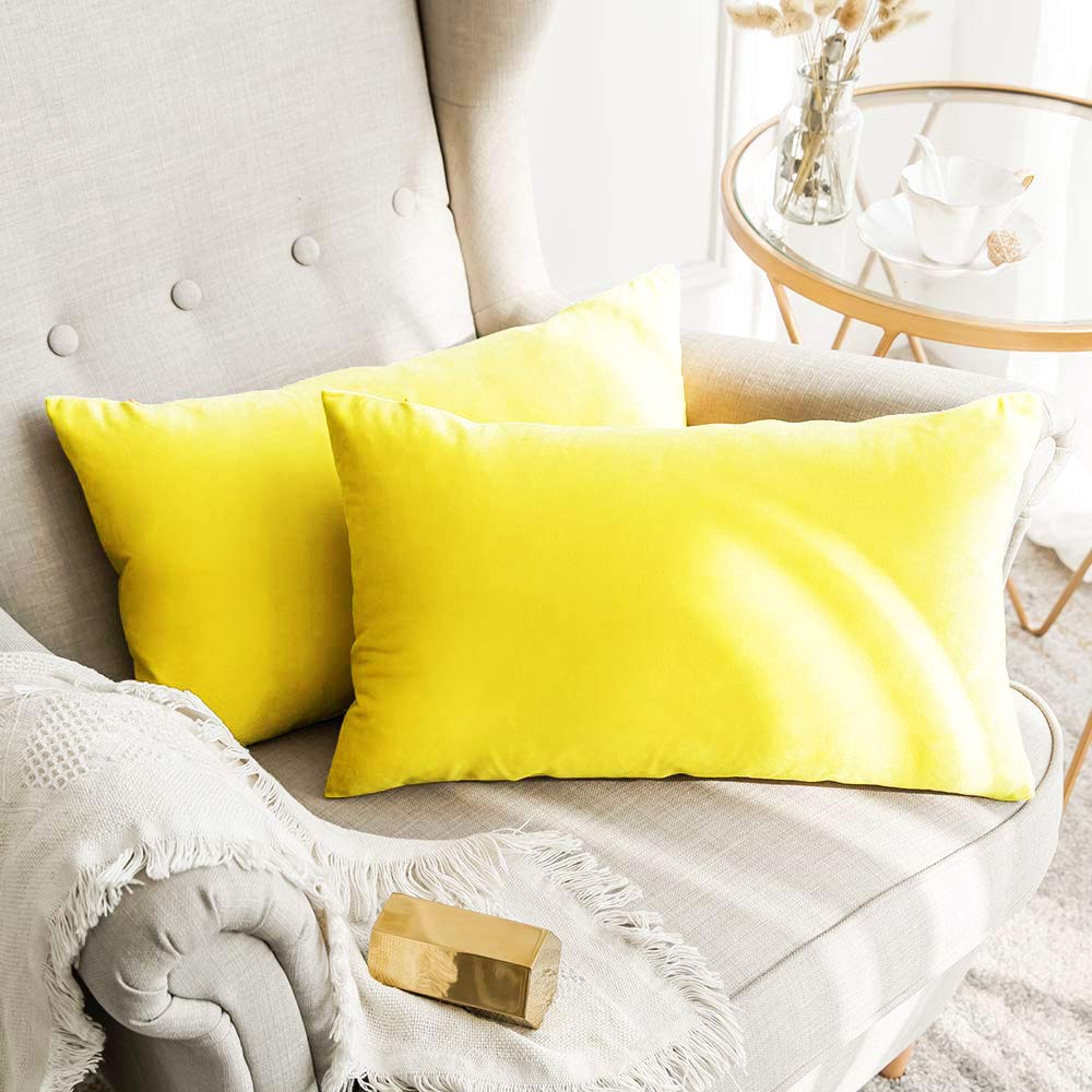 Khooti Decorative Velvet Square Cushion Cover Throw Pillow Cover for Living Room Couch Diwan Single Seater Sofa, Colourful Modern 12 x 18 Inches / 30 x 45 cm (Colour - Lemon Yellow)(Set of 1 Piece)