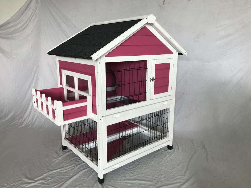 SenyGarden Window Wooden Rabbit Hutch Bunny Cage Guinea Pig House Ferret Chinchilla Small Animal Habitat (Pink)