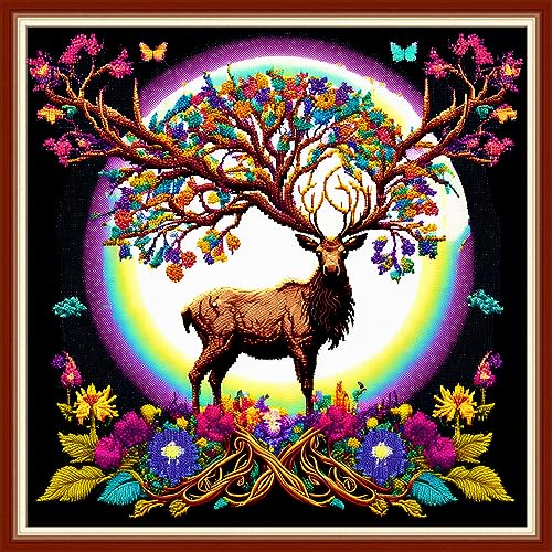 Image of Dimensean Stamped Cross Stitch Kits Full Range of Embroidery Patterns Starter Kits for Beginners Adult DIY Cross Stitches Needlepoint Kits 11CT-Elk Moon 17.7x17.7 inch
