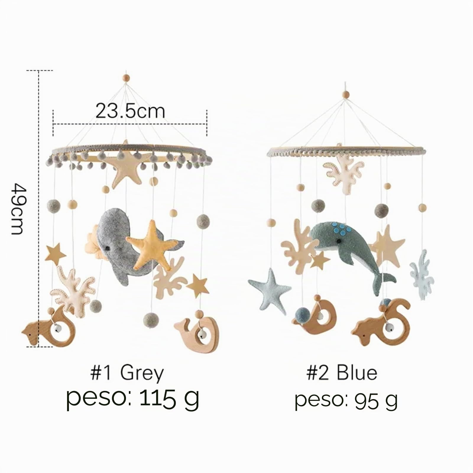 Sea Welt - Campana a vento mobile per bambini, in legno con palline di feltro, per lettino e bambine, colore: blu
