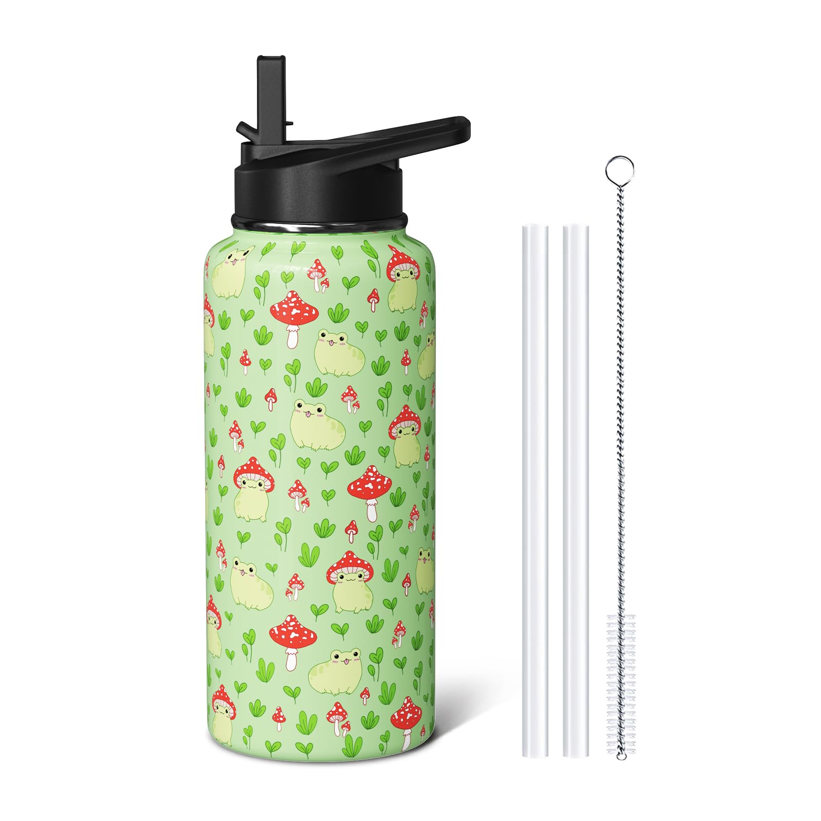 Sabobo Frog Mushroom Gifts 32oz Water Bottles for Women Men, Cute Green Stainless Steel Leak Proof Sport & Gym Water Bottle with Flip Straw & Spout