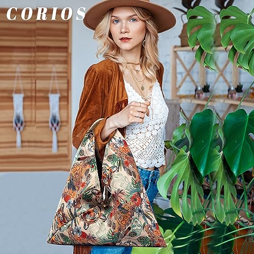 Image of CORIOS Canvas Handbag for Women - Ethnic Style Tote Top Handle Summer Beach Large Shoulder Bag
