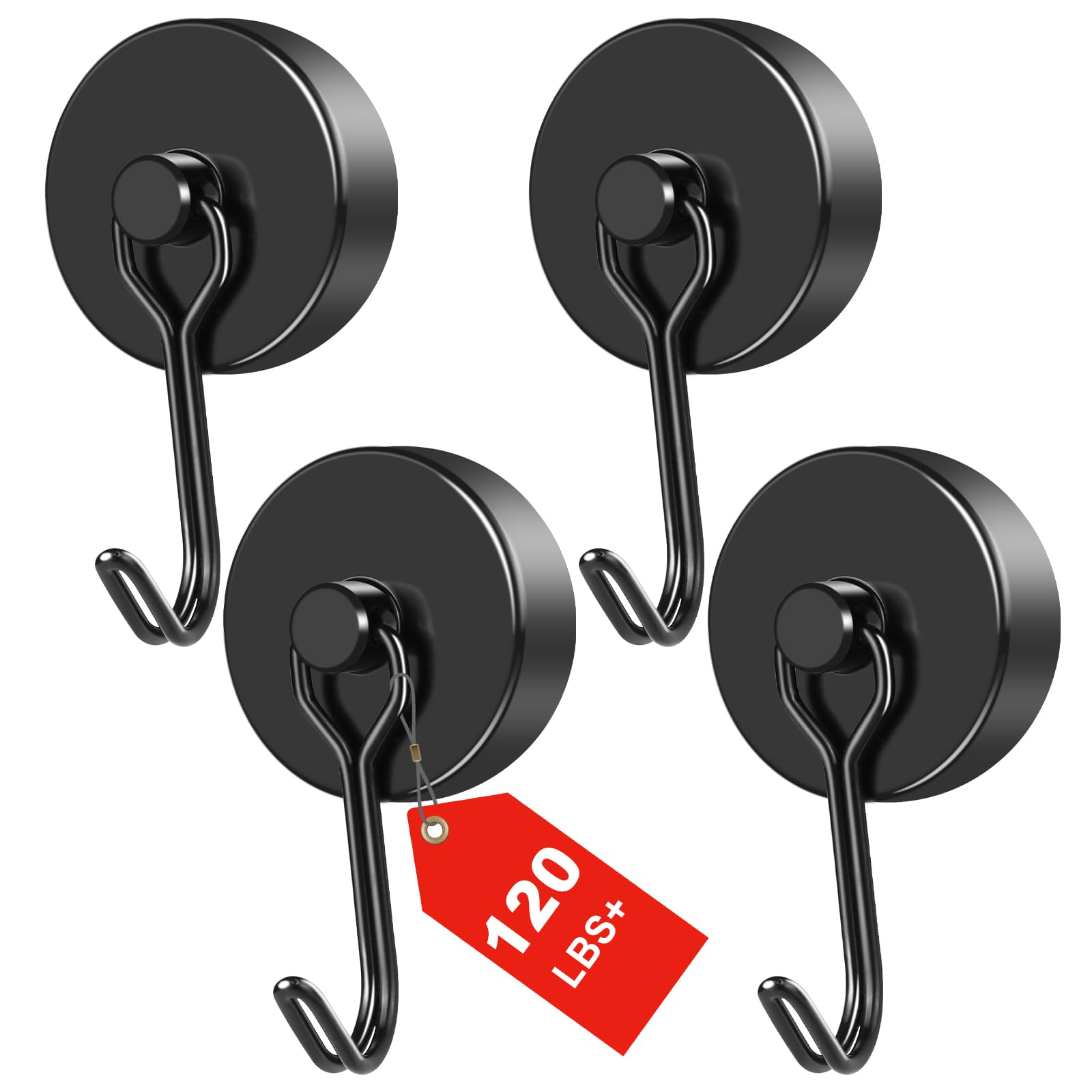 MIKEDE Black Magnetic Hooks Heavy Duty 120LB Swivel Strong Magnet Hook | Neodymium Hook Magnets for Hanging Home Workplace Metal Door Office and Garage Black 1.26in 4