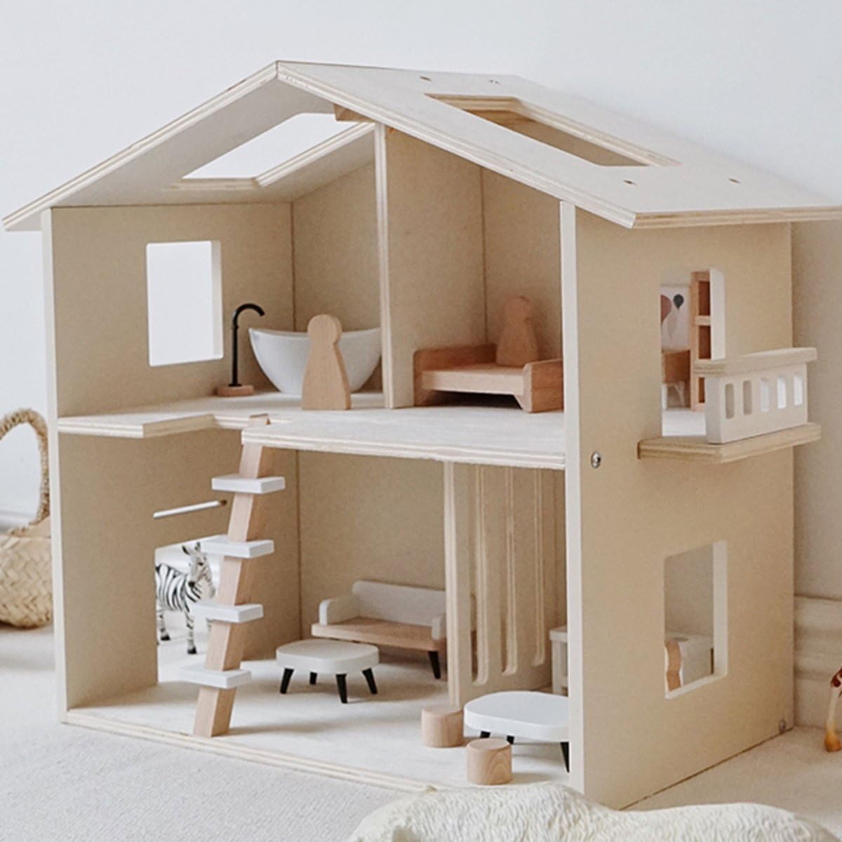 Houten Poppenhuis - Kinderhuis voor Poppen met Meubels - Speelhuisje van Hout - Barbiehuis