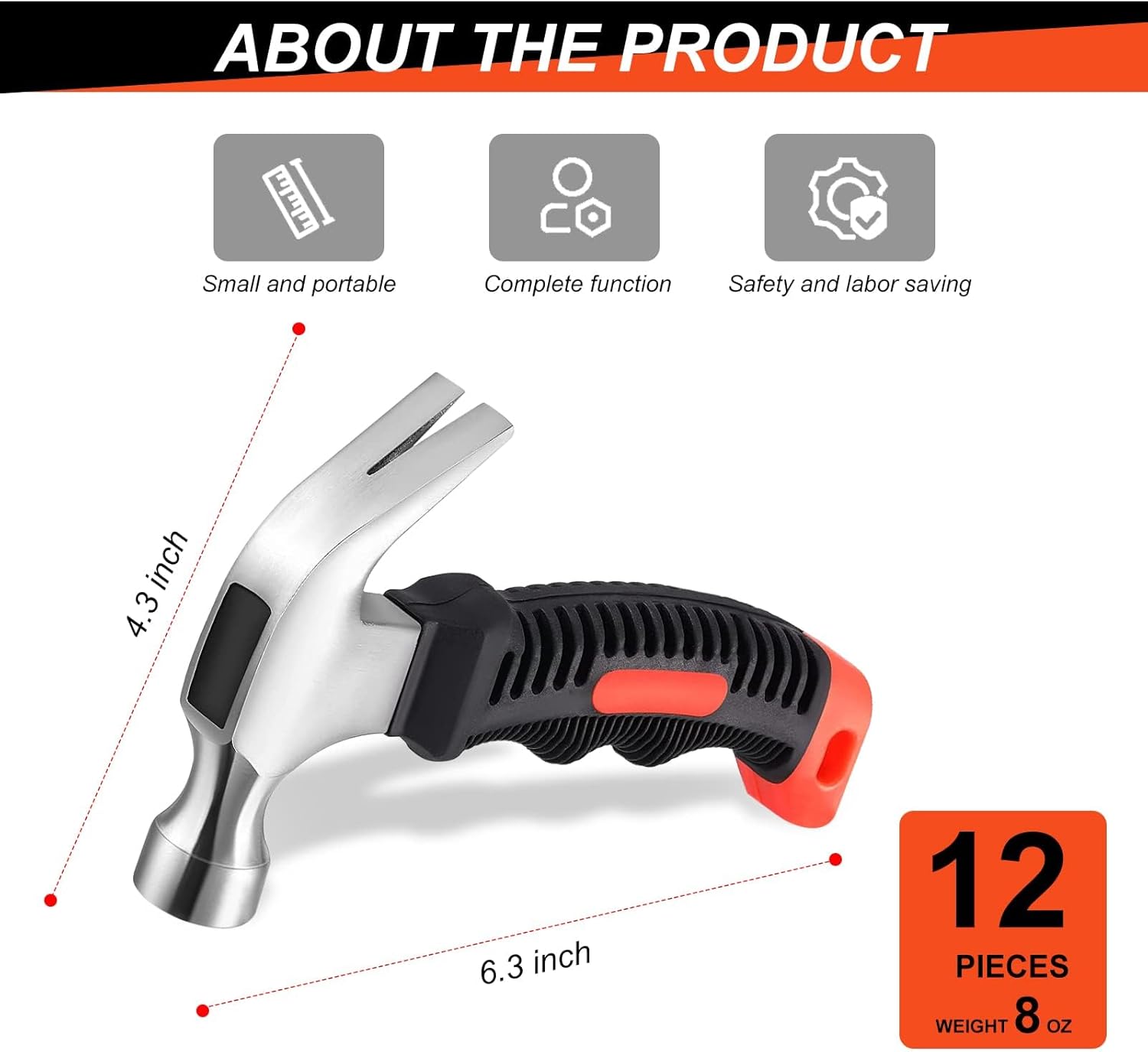 12 Pcs Stubby Claw Hammer, 8 Ounce Small Mini Stubby Hammer, Small Claw Hammers Lightweight Melt Hammers Tool for Home Repair, Building, Work, Crafts Handmade Outdoor Camping (Black-Red)