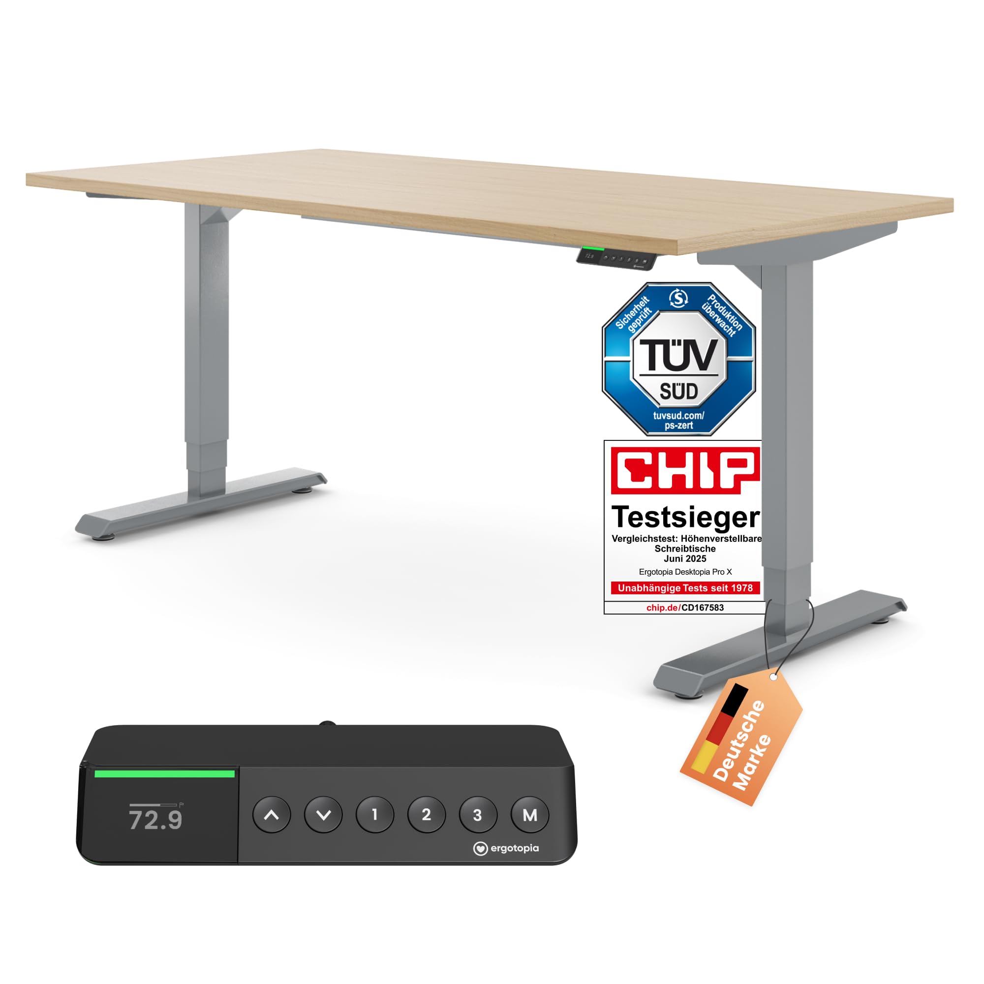 Ergotopia Desktopia Pro X Elektrisch höhenverstellbarer Schreibtisch, Ergonomischer Stehtisch für Büro oder Home Office (Ahorn, Gestell Grau, 180 x 80 cm)