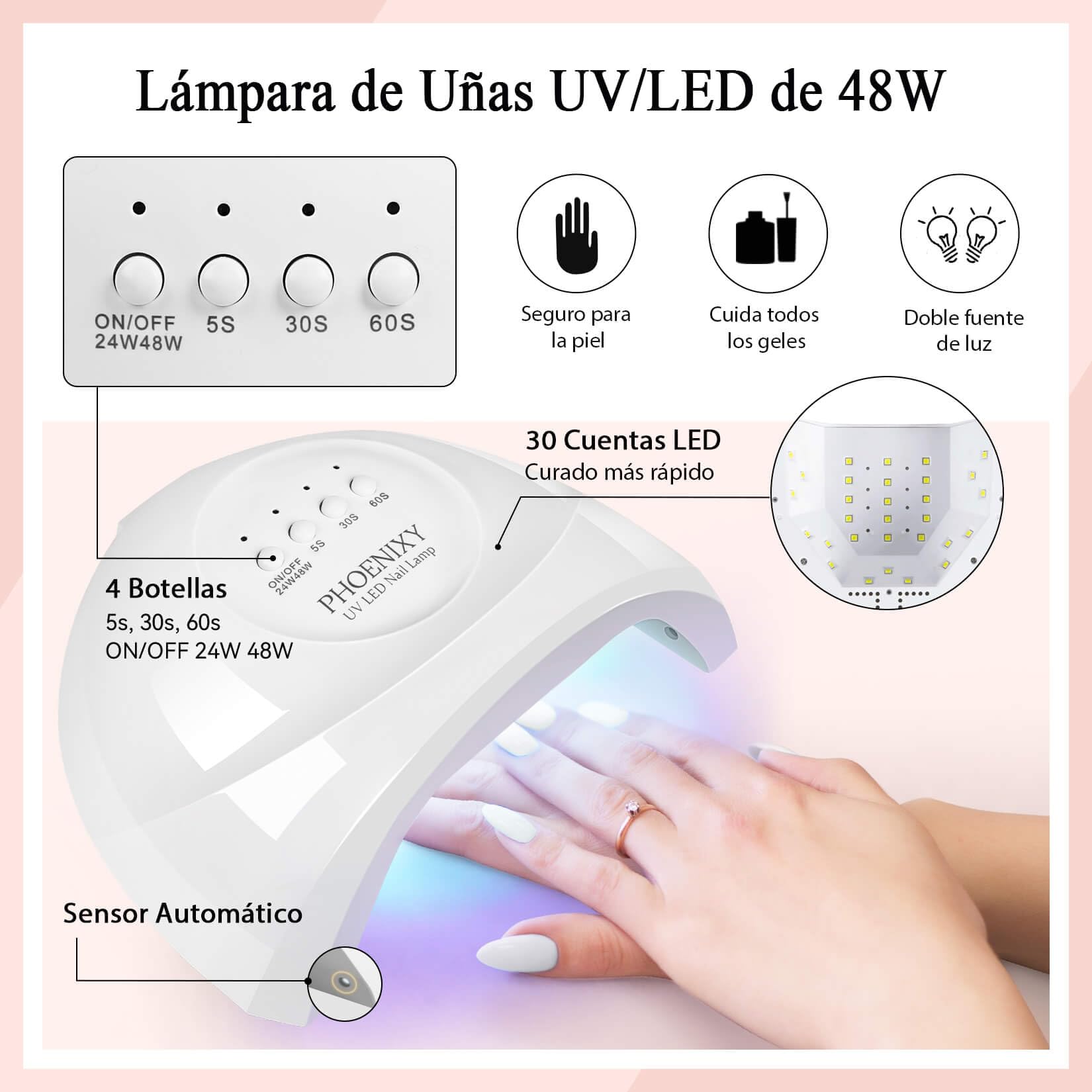 Phoenixy Uñas Semipermanentes Kit Completo con Lampara U V/LED 35 PCS Kit Uñas Semipermanentes con Torno para Uñas DIY Nail Art Set Manicura para Principiantes