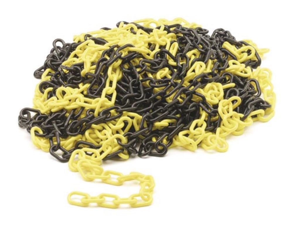 Perel Chaîne barrière jaune noir 25 m, plastique, chaîne de sécurité pour intérieur et extérieur, chaîne de marquage pour chantier, zone de stationnement, entrepôt, terrain ou événement