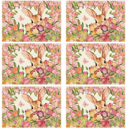 XCHI Bunny Tulips Flowers Rabbits Easter Placemats Set of 6 Table Mats for Party Home Kitchen Dining Table Decorations 12x18 Inch