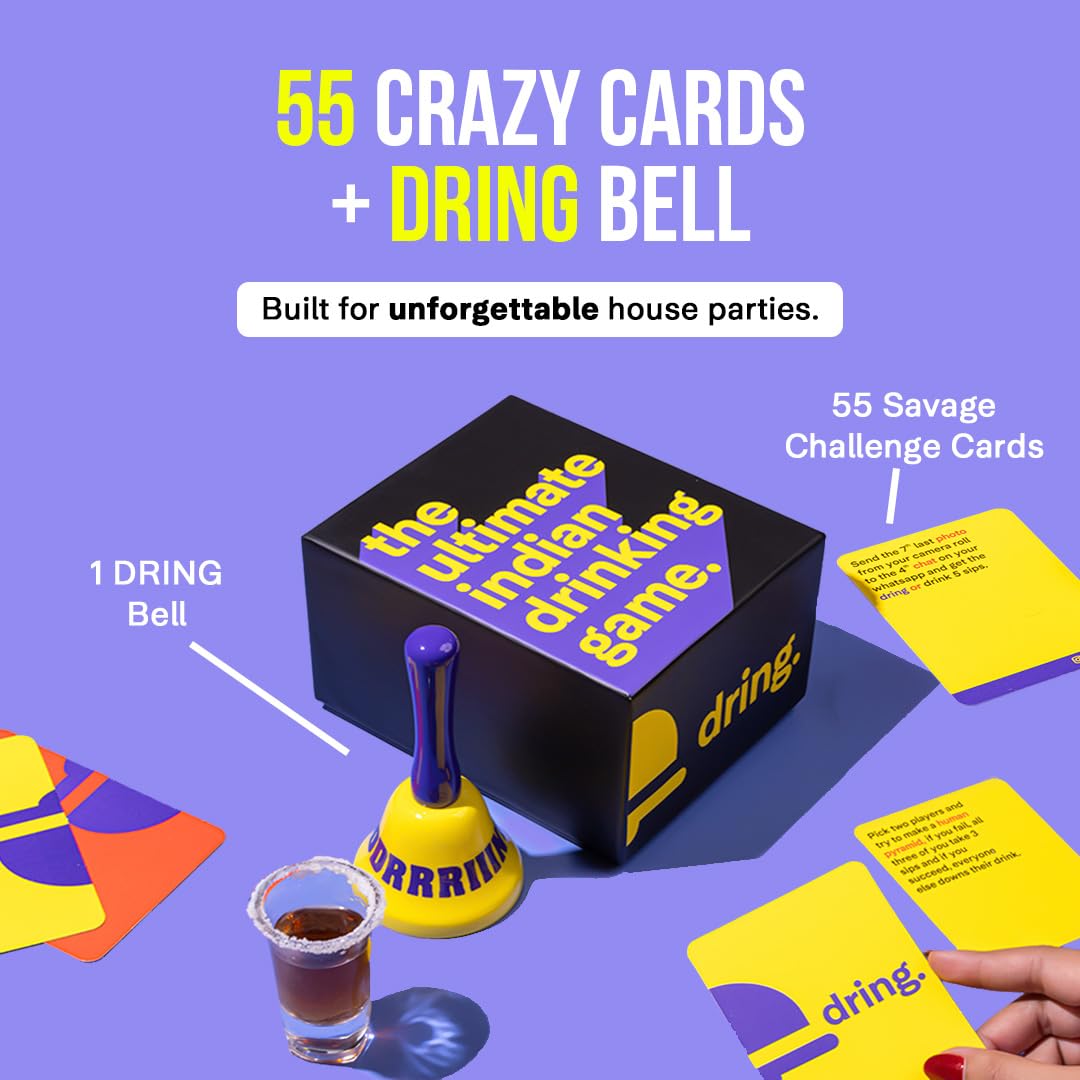 Dring The Ultimate Indian Drinking Game - India's #1 House Party Game | 55 Cards + Bell, Adult, 3-12 Players | Truth Or Dare | Crazy Drinking Card Game for Friends | Perfect for Birthdays & Bachelors! 3