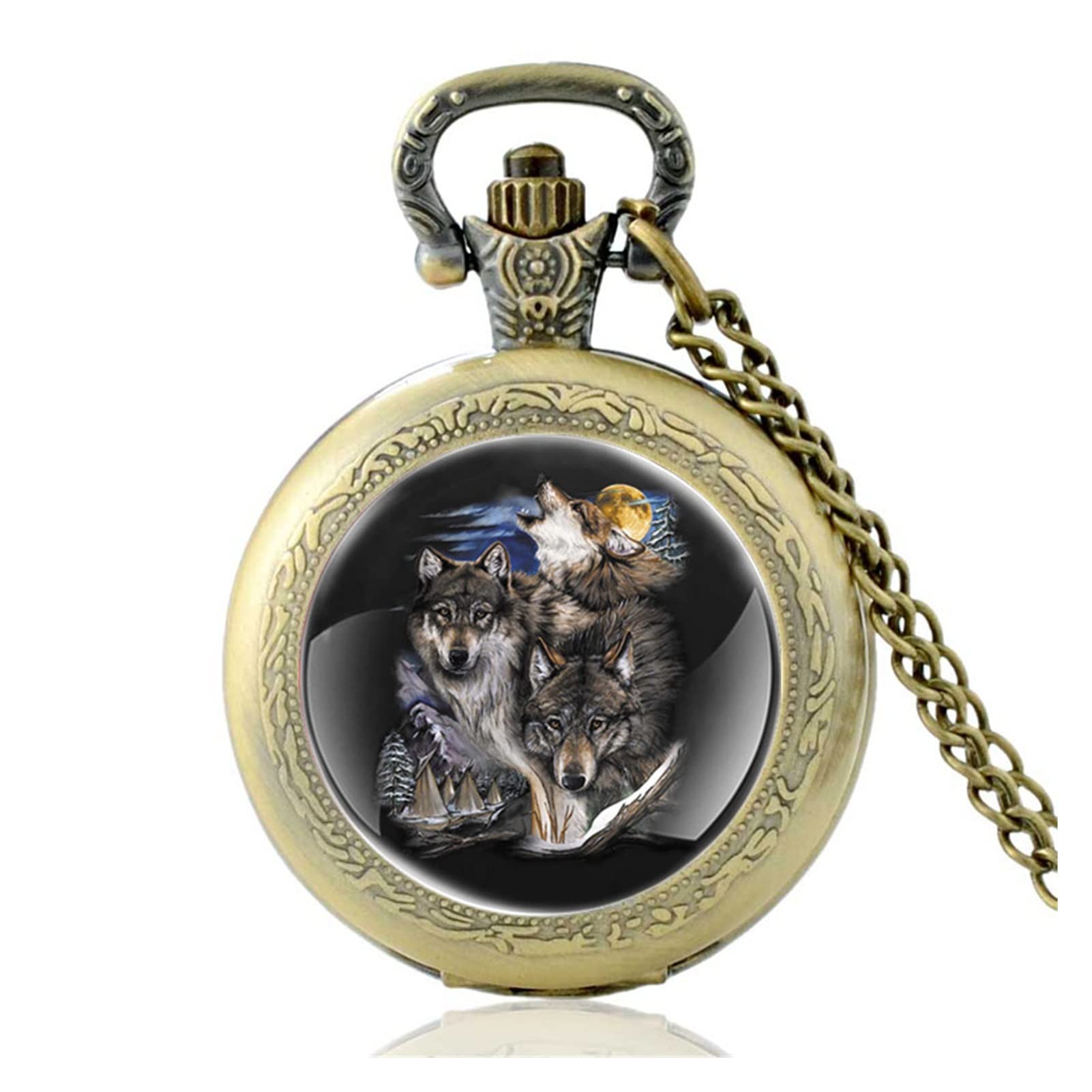 VejiAA Group Of Wolves Under The Moon Black Vintage Quartz Pocket Watch Men Women Pendant Necklace Hours Clock Gifts (Color : C) (C)