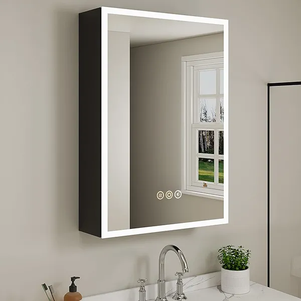 Buruis 24 x 30 Inch Medicine Cabinet with LED Lights and Mirror, Recessed/Wall Mounted Bathroom Cabinet, 3-Color Light, Defogger, Memory Function, Outlet & USB, Dimmer, Black