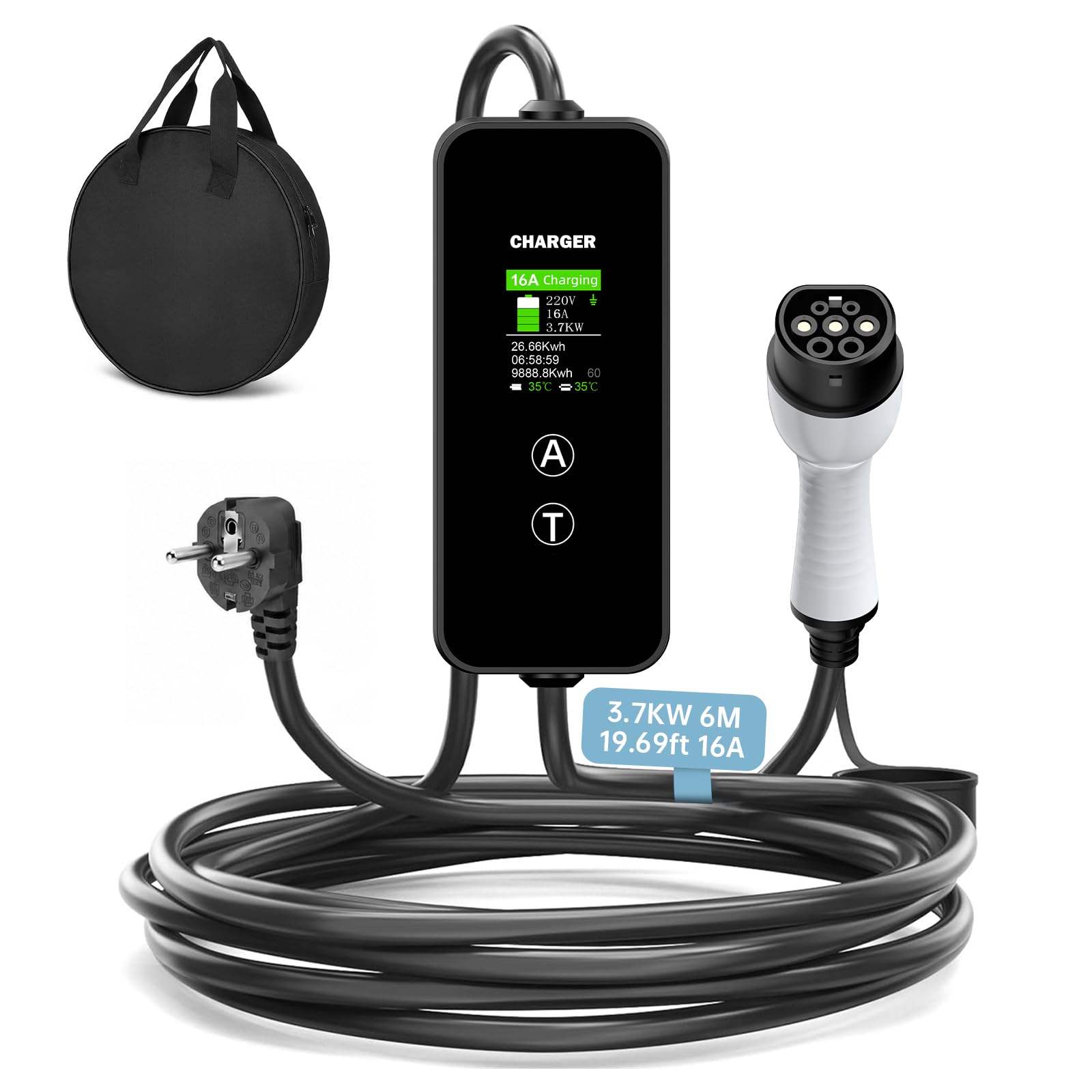 Ladekabel Typ 2 3,7kW [6m, 8-16A] EV Charger mit Steuerbarer Digitalanzeige und Mehreren Schutz，Stromstärke/Ladeleistung Einstellbar 8|10|13|16A, Tragbares EV Ladegerät für PHEV/EV Elektroautos