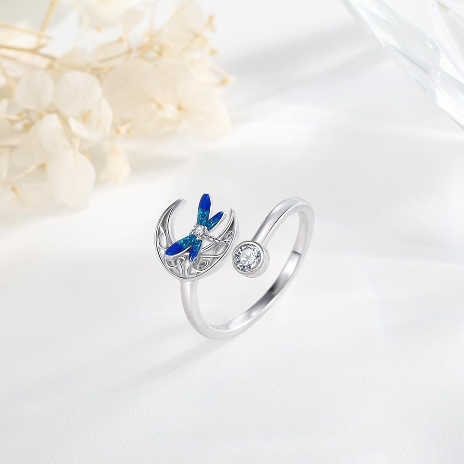 Dragonfly Adjustable Ring 925 Sterling Silver Open Celtic Moon Rings Irish Dragonfly Jewelry Gifts for Women Girlfriends