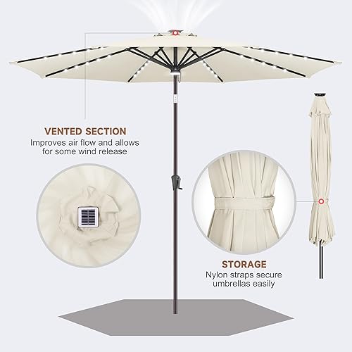 Miniatura 5 de uHousDeco Sombrilla solar LED de 10 pies para patio y playa, impermeable y resistente al óxido, poste de acero marfil
