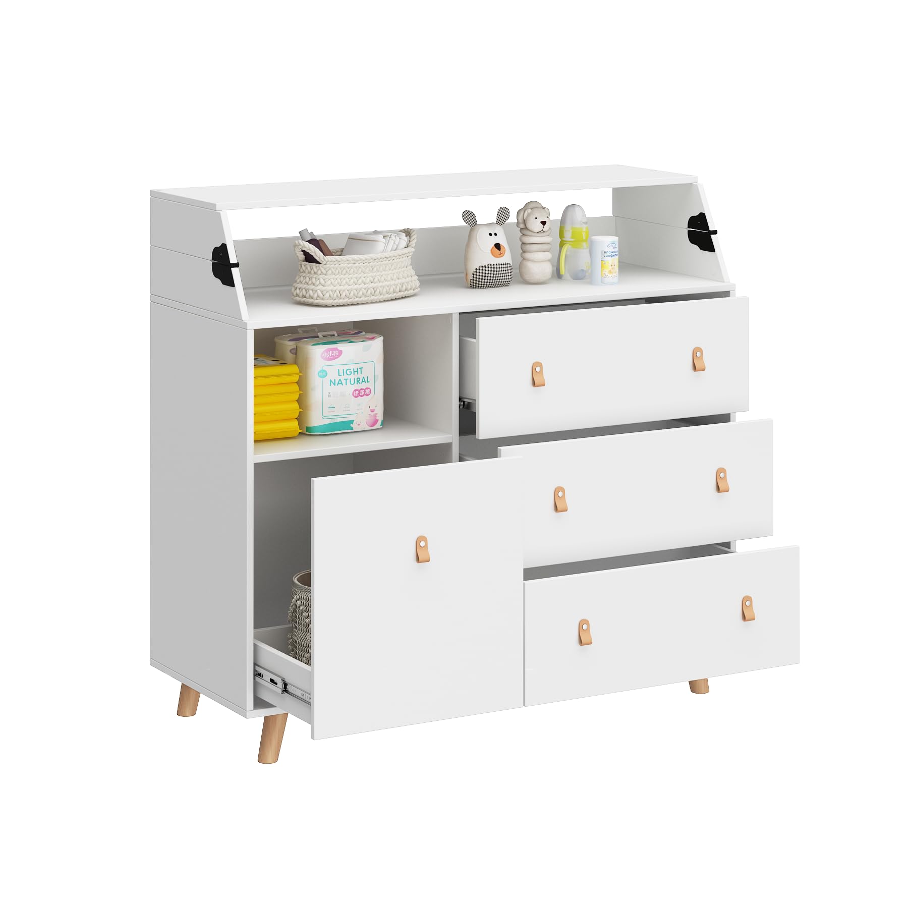 Wickeltisch mit 4 Schubladen, Wickelkommode, Wickelregal mit Vielen Schubladen, MDF, Weiß, 114cm*46cm*117.5cm