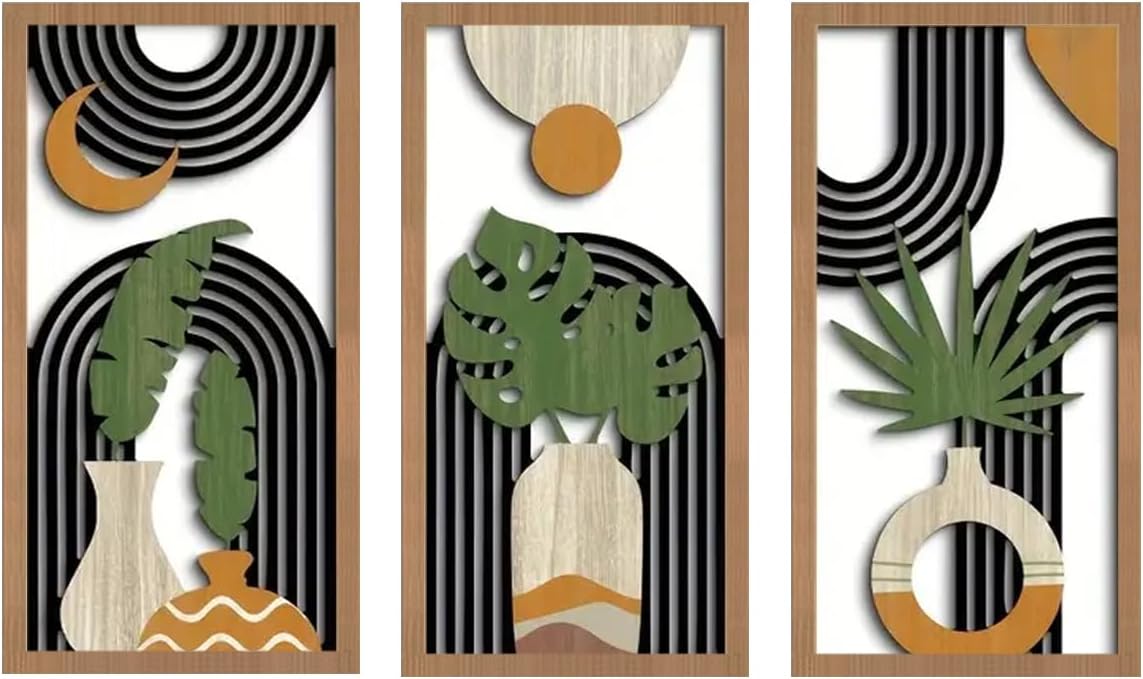 Yixuan 3-Piece Boho Wall Art Set, Tropical Laser-Cut Wooden Wall Decor, Hollow Geometric Vase Sculpture for Living Room, Bedroom, Hallway, Bohemian Home Decor, Modern Farmhouse Wall Hanging Ornament