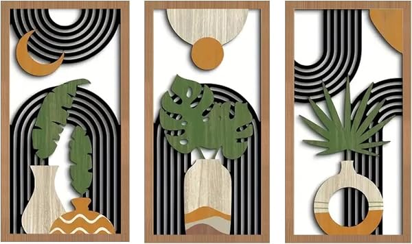Yixuan 3 Pièces Sculptures Murales Décoratives en Bois Léger, Décor Boho Chic avec Motifs Feuille de Palmier et Formes Géométriques, Art Mural Abstrait Moderne pour Salon, Chambre, Entrée ou Bureau - 1