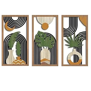 Yixuan 3 Piezas Escultura de Pared en Madera, Decoración de Pared Boho Chic con Hojas de Palma, Jarrones y Diseño Geométrico, Arte Mural Moderno y Ligero para Salón, Dormitorio u Oficina