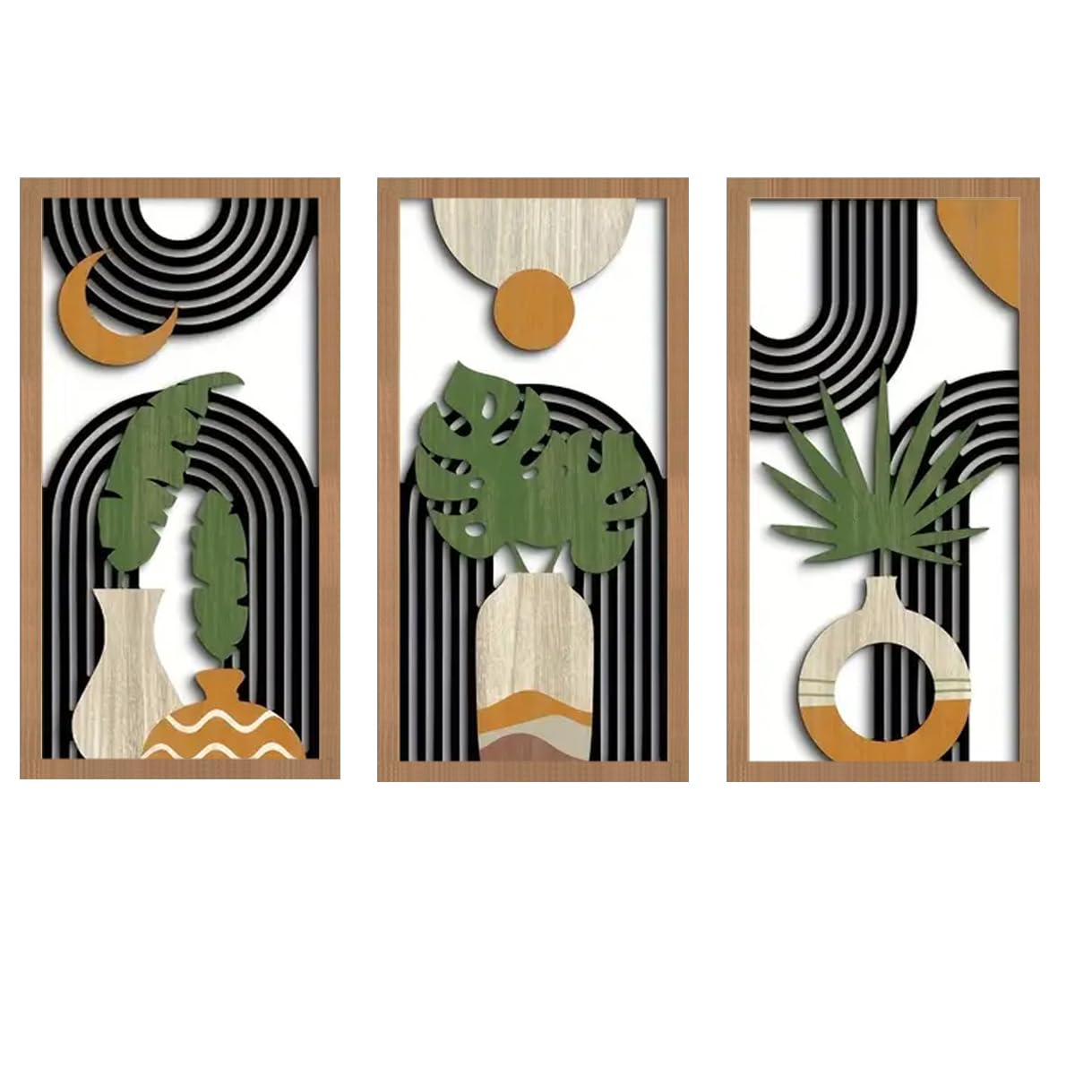Yixuan 3 Piezas Escultura de Pared Decorativa en Madera, Decoración de Pared Bohémien con Hojas de Palma, Jarrones, Diseño Geométrico, Arte Mural Geométrico Moderno para Salón/Dormitorio/Oficina
