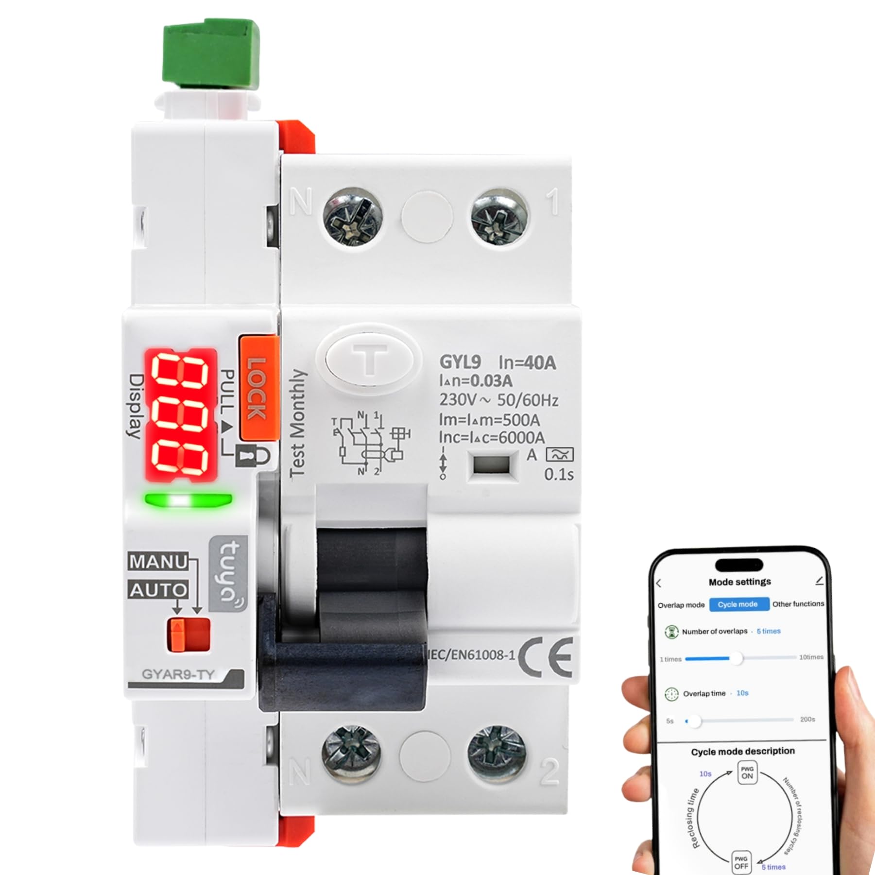 Jadeshay Interruttore Differenziale 30mA 40A Salvavita con Riarmo Automatico WiFi Magnetotermico Differenziale Tipo A Controllo Remoto Tramite Tuya sul Cellulare o Manuale,230V con Display LED