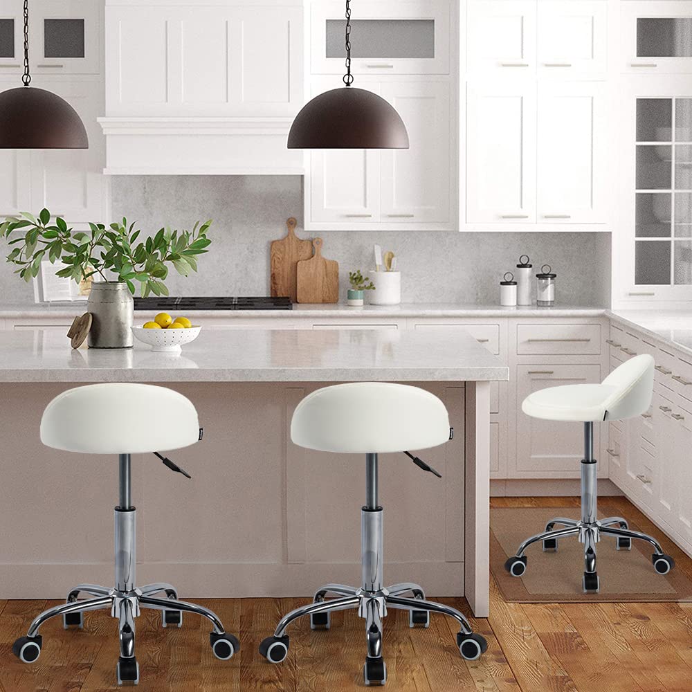 Mingone Bürohocker mit Rollen Sattelhocker mit Niedrige Rückenlehne Ergonomische Arbeitsstuhl Kosmetik Sattelstuhl Höhenverstellbar Friseurstuhl，Weiß