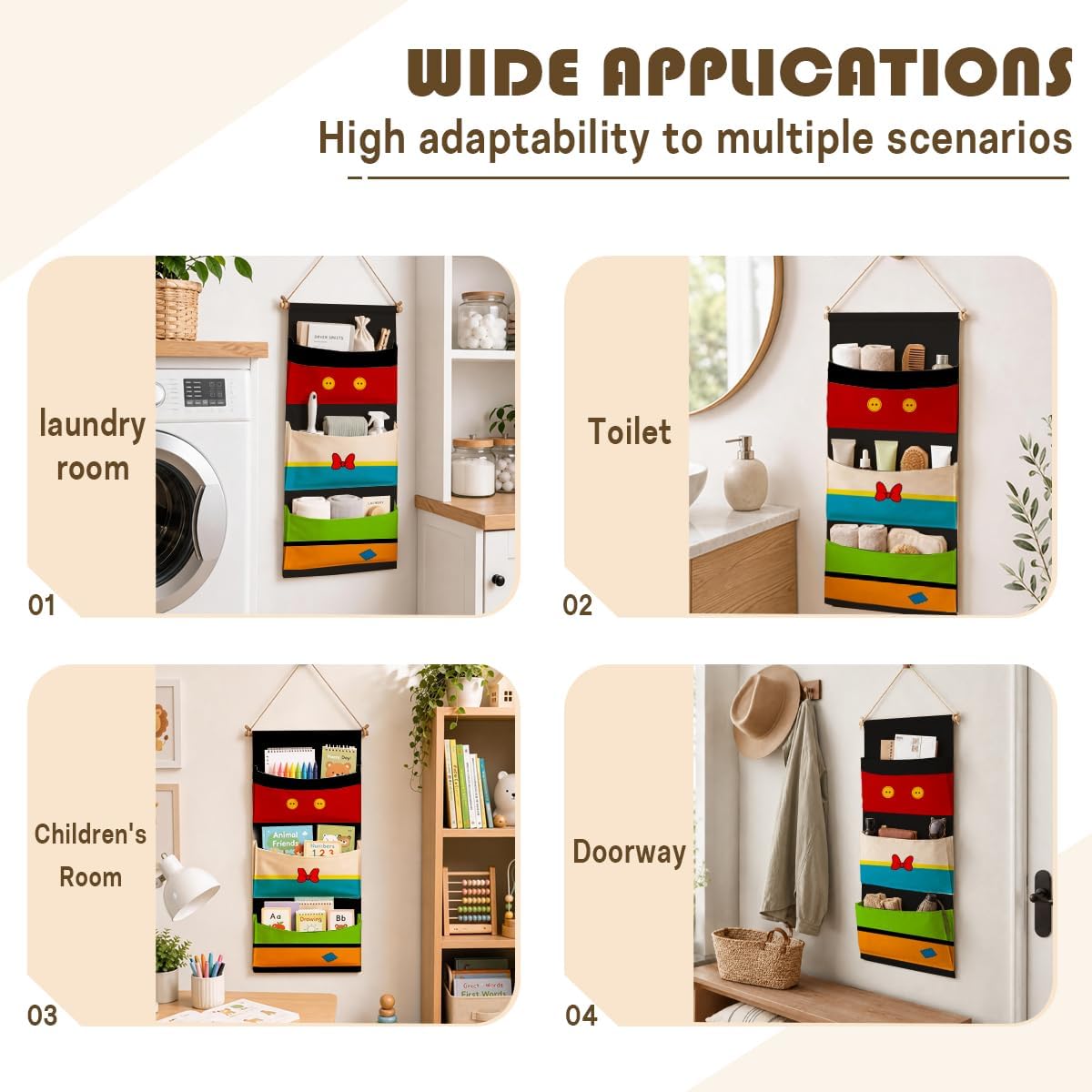 3-Pocket Hanging Wall Organizer, Colorful Block Over Door Storage Pockets | Practical gift for parents and home organizers, with three roomy pockets for bedrooms, bathrooms, nurseries and entryways.