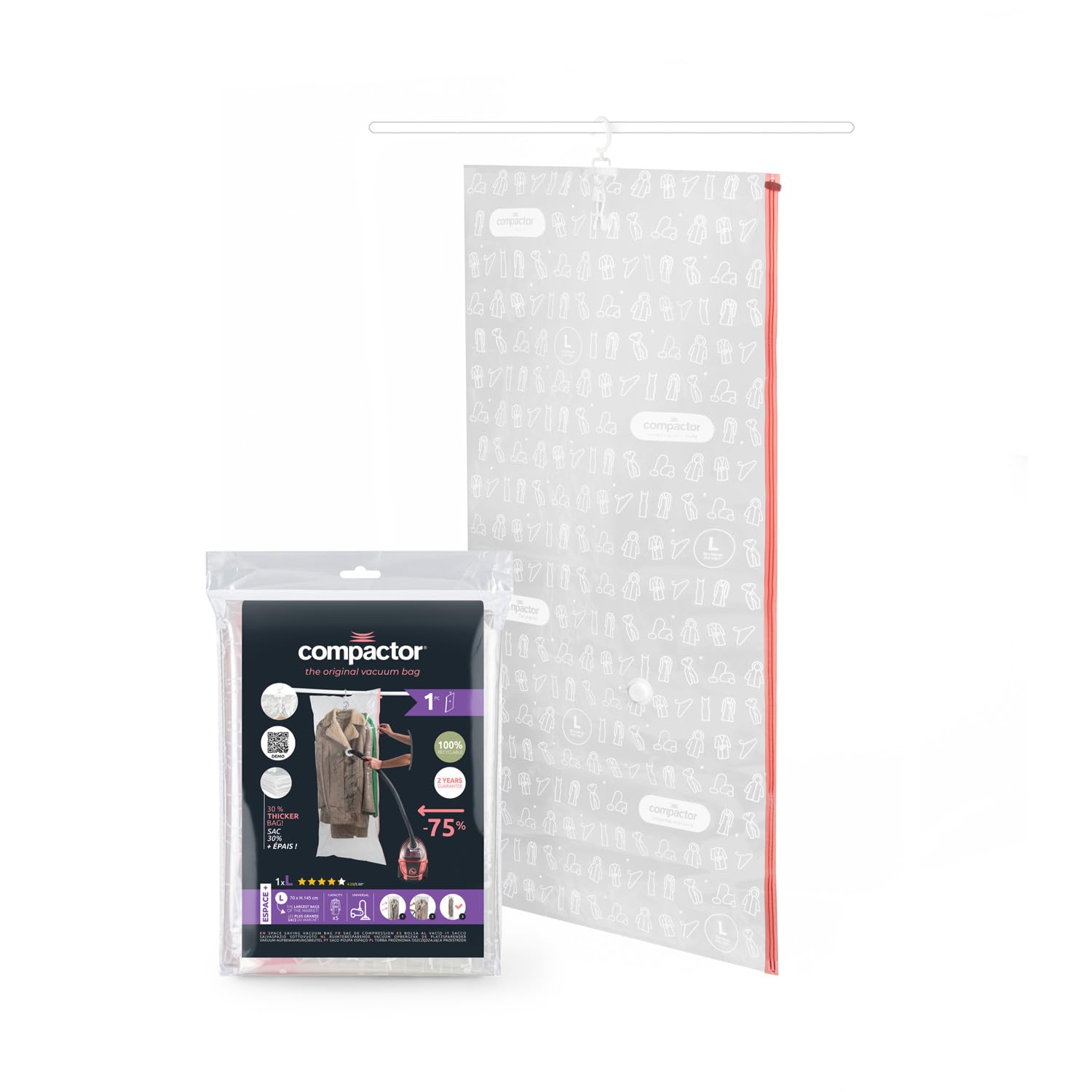 Compactor Aspispace XL Vacuum Compression Bag - 70X145 cm, Transparent, Reusable and Space-Saving