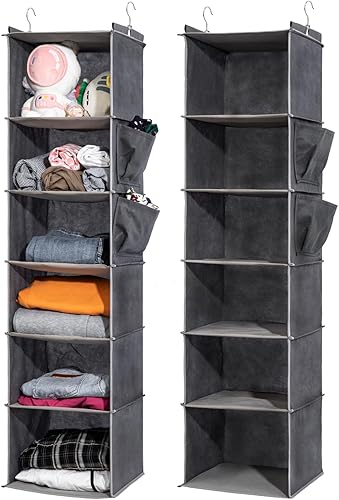 Miniatura 1 de Paquete de 2 organizadores colgantes para armario, estantes colgantes de 6 niveles para armario con inserciones de bambú resistentes, color gris