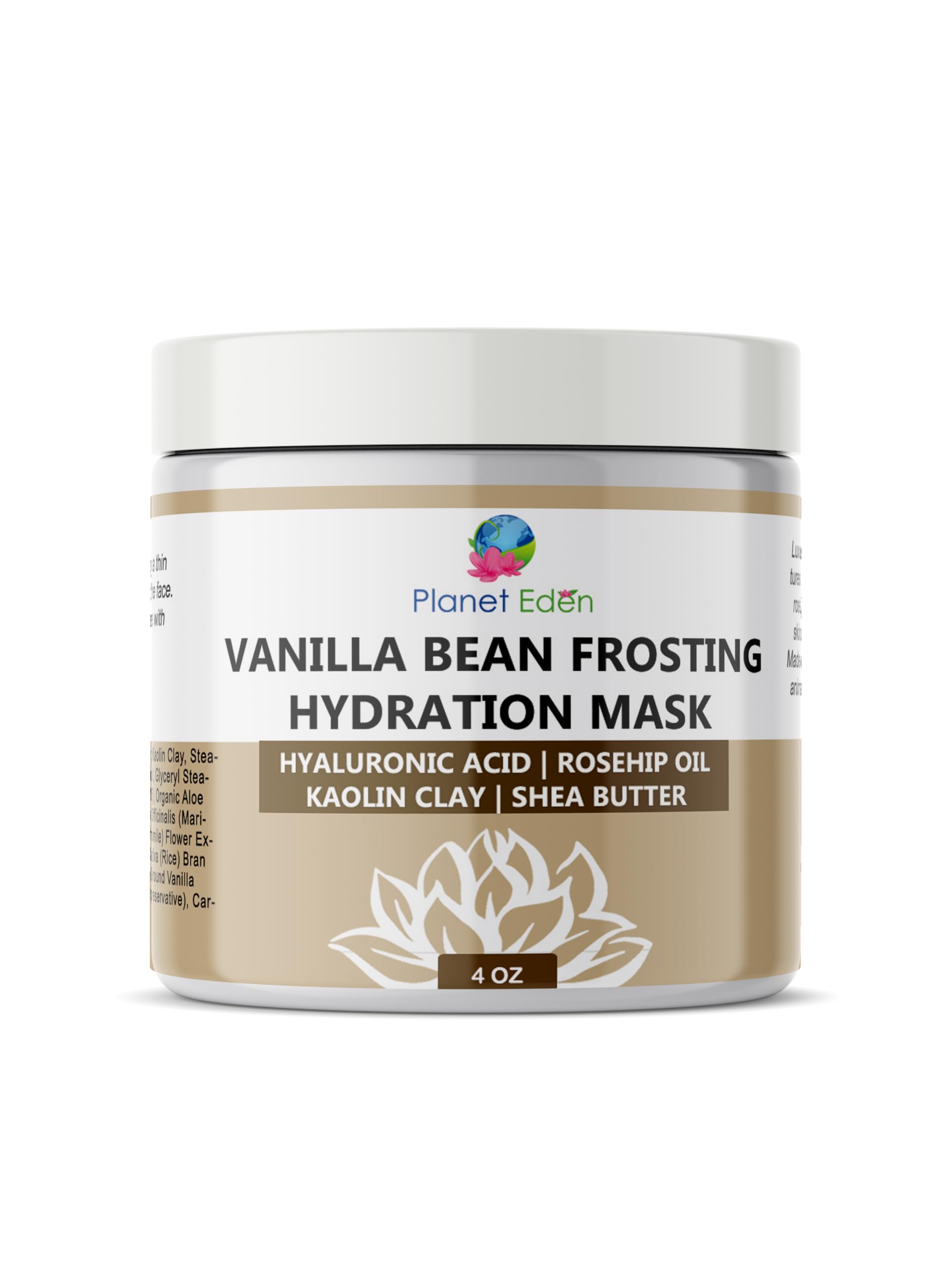 Planet Eden Vanilla Bean Frosting Face Facial Mask All Natural Spa Quality Skin Mask for Dry Dehydrated Skin Kaolin Clay, Vanilla Bean, Hyaluronic