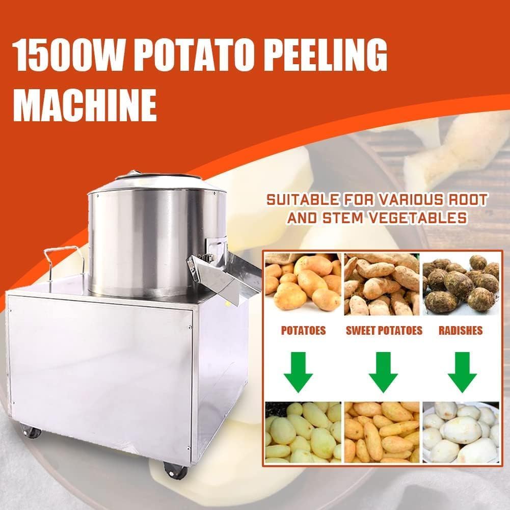 Peladora automática de patatas, 1500 W, acero inoxidable, ruedas giratorias, alta eficiencia para restaurantes y catering, hasta 220 kg/h
