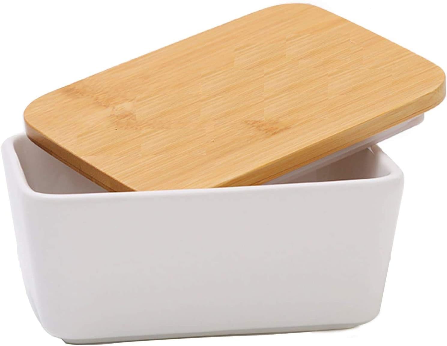 Butter Dish with Lid,Large 600ml Porcelain Butter Keeper with Wood Lid,Airtight White Butter Container for 2 Sticks of Butter