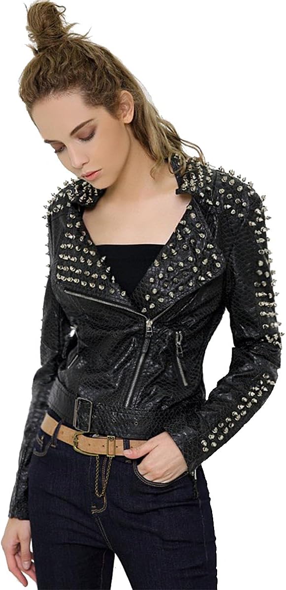 SX Women Punk Faux Leather PU Black Jacket Studded Rivet Fashion Streetwear Motorcycle Coat - Image 2