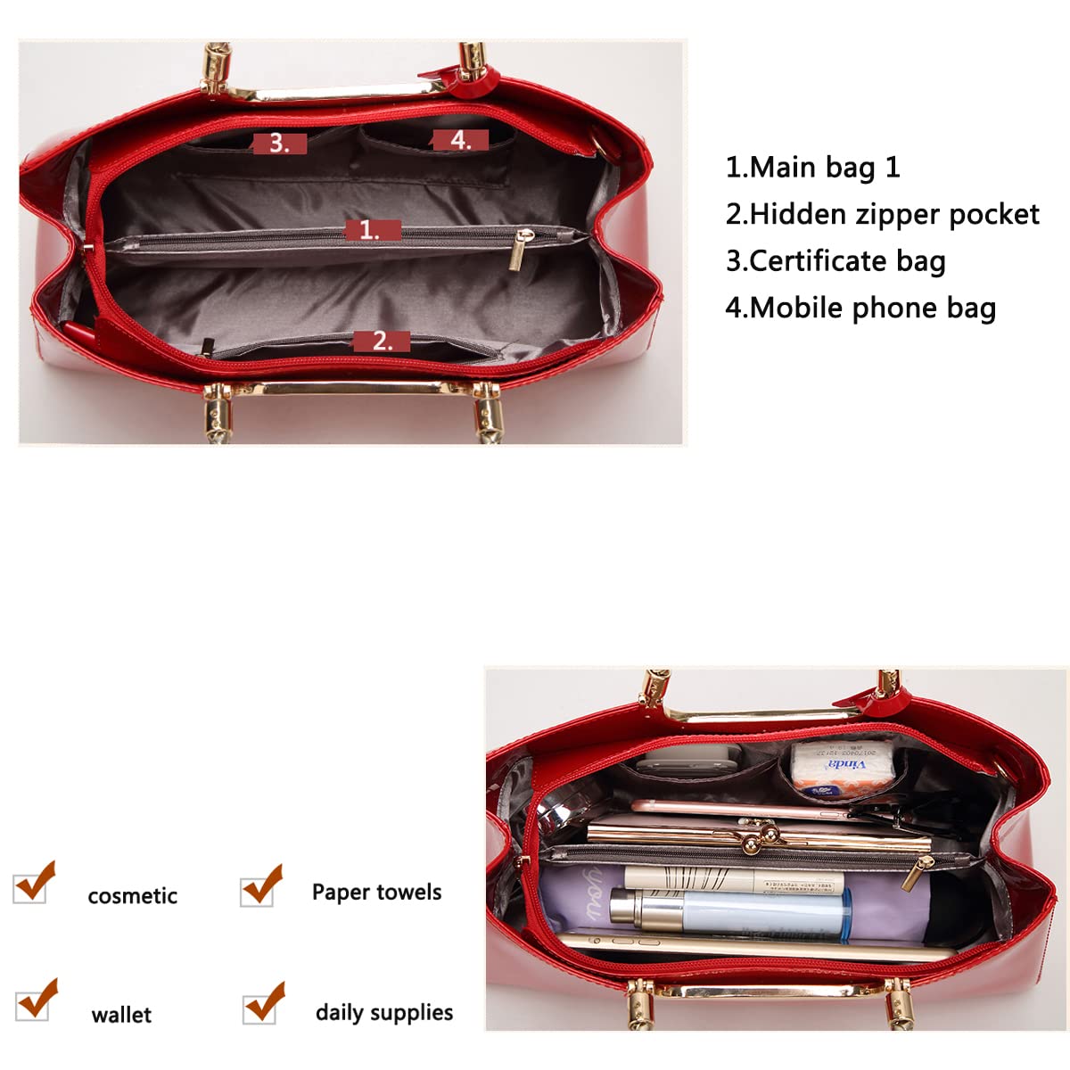 Borsa a mano con Tracolla Manici Intrecciato da Donna in Pelle Verniciata PU Borse a Spalla per Signora