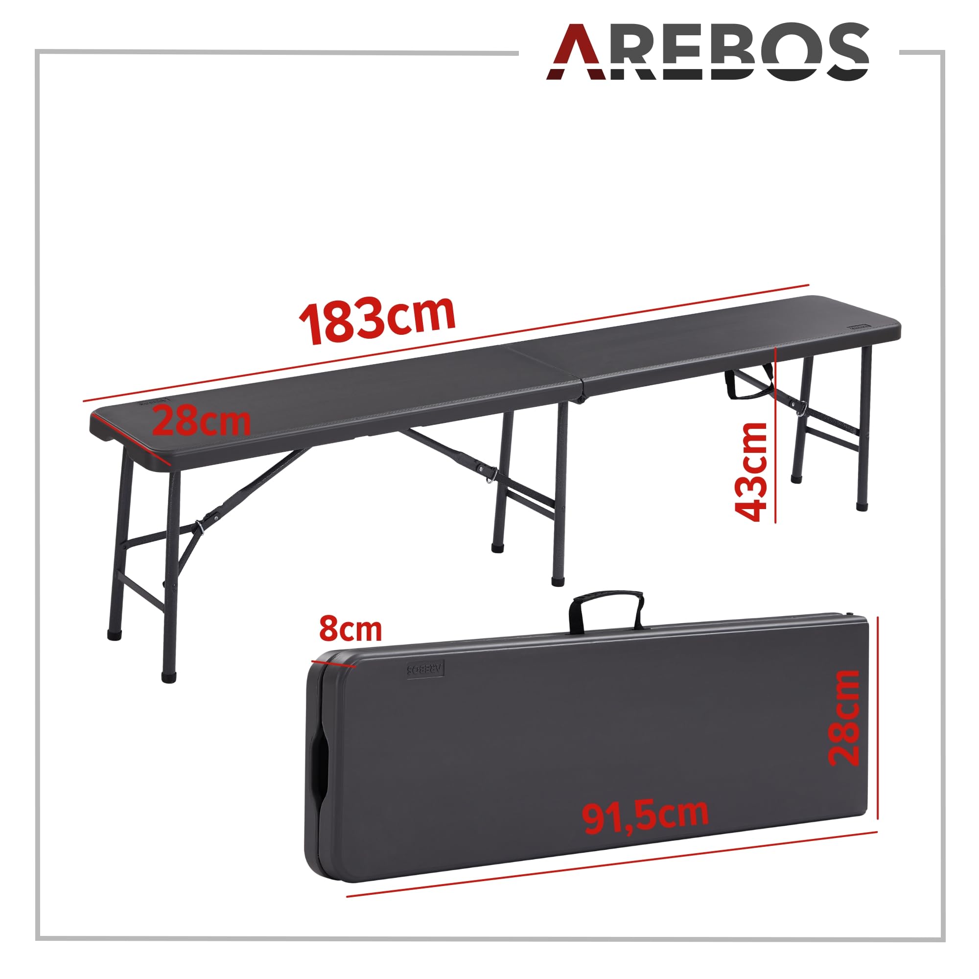Arebos Zestaw 2 składanych ławek | Uchwyt do przenoszenia | 183 x 28 x 43 cm | Na kemping,do ogrodu, na imprezę, na kemping, do namiotu piwnego, ławka ogrodowa, ławka | Antracyt
