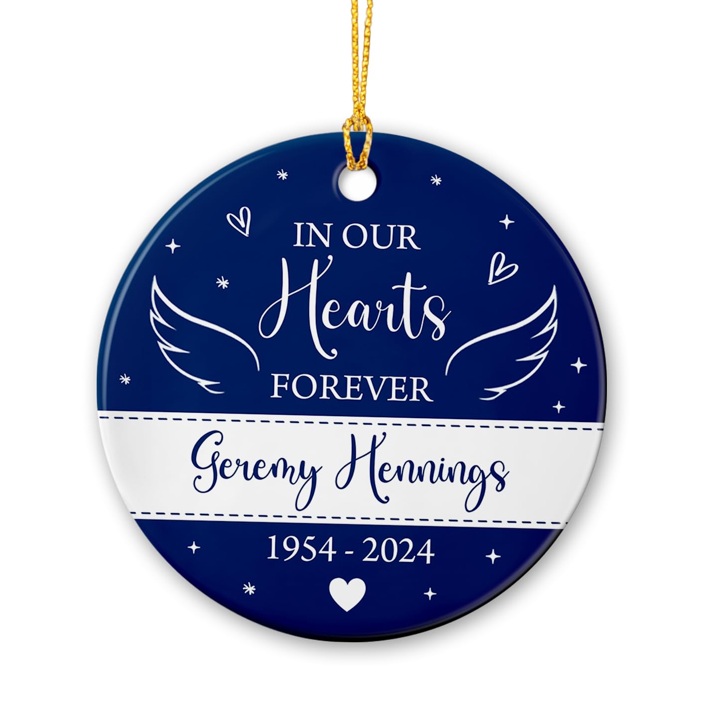 in Our Hearts Forever Ornament, Personalized Memorial Christmas Ornament, Custom Name & Year Angel Wings Remembrance Ornaments, in Loving Memory Xmas Ornament, Memorial Ceramic Ornament Gift