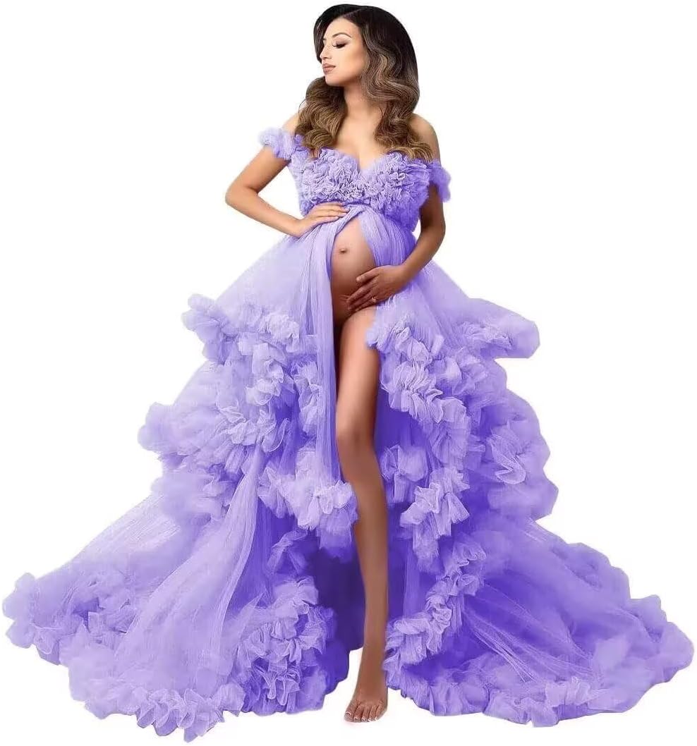 Tulle Off Shoulder Maternity Dresses for Photoshoot Puffy Ruffles Babyshower Gown Long for Women 2026