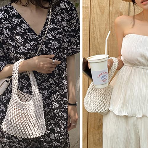 Image of Mini Clutch Handbag Fishing Net Bucket Bag Cotton Rope Crochet Drawstring Woven Beach Bag Small Tote for Women Girls