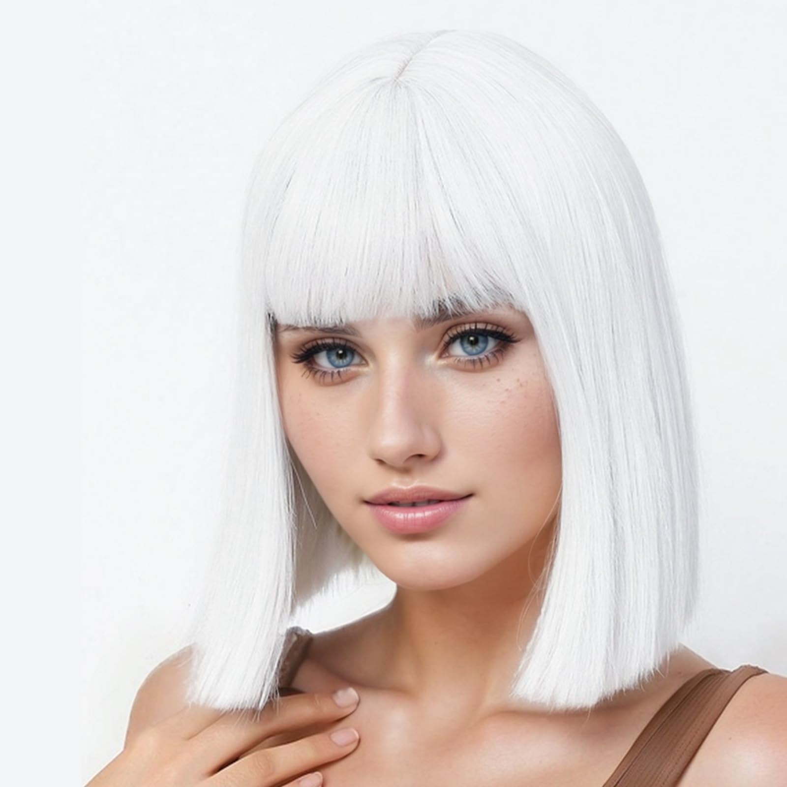SUKRI White Bob Wig with Bangs Short Straight White Wigs for Women Silver White Bob Hair Wig for Party Cosplay Daily Use（12Inch）