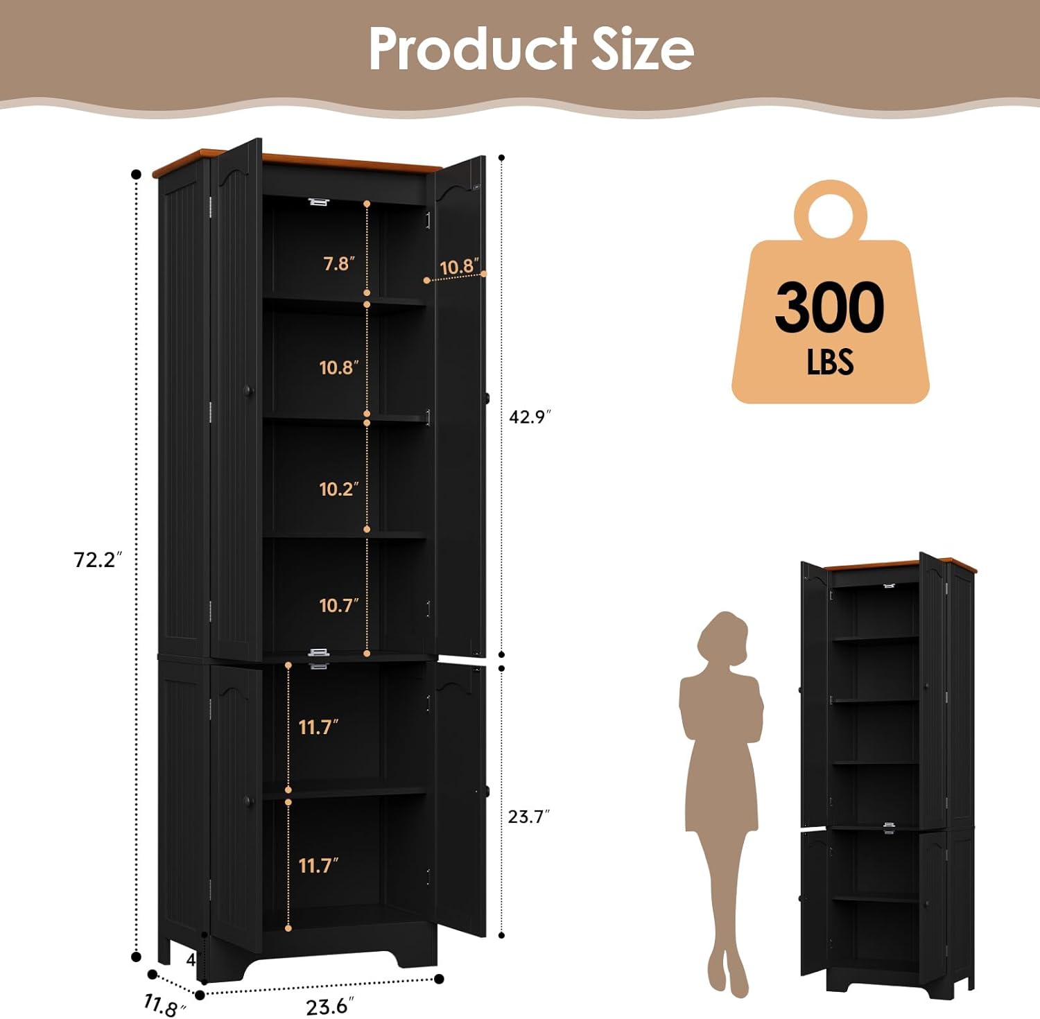72.2'' Pantry - 4 Door Kitchen Cabinet with Adjustable Shelves,Black Freestanding Cupboard, Tall Storage Cabinets for Bathroom,Dining Room, Living Room, Laundry, Entryway